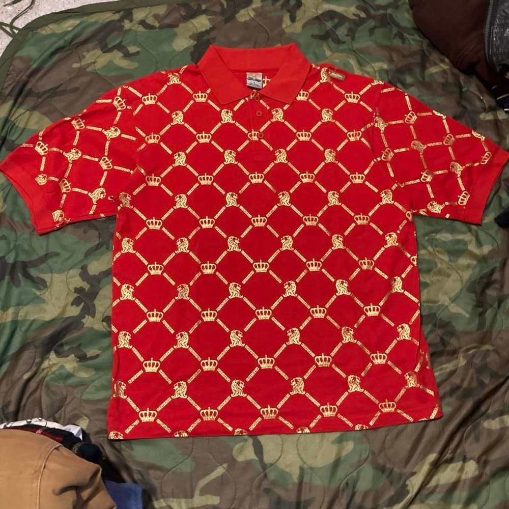 Johnny Blaze all over print red and gold polo shirt vtg y2k‎ wu-tang men's L